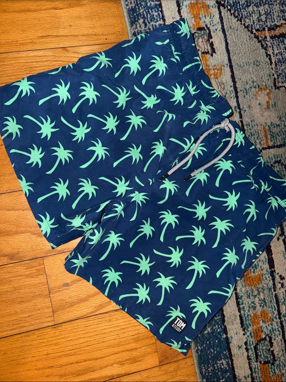 Tom & Teddy Navy Swim Trunks with Mint Green Palm Leaves